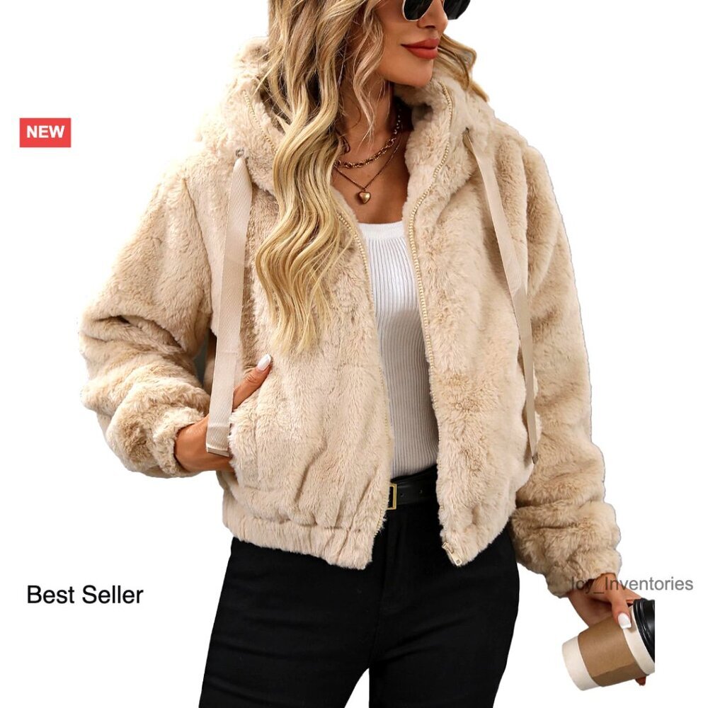 Faux Fur Crop Coat Full Zip Hooded Sherpa Jacket Chic Winter Warm